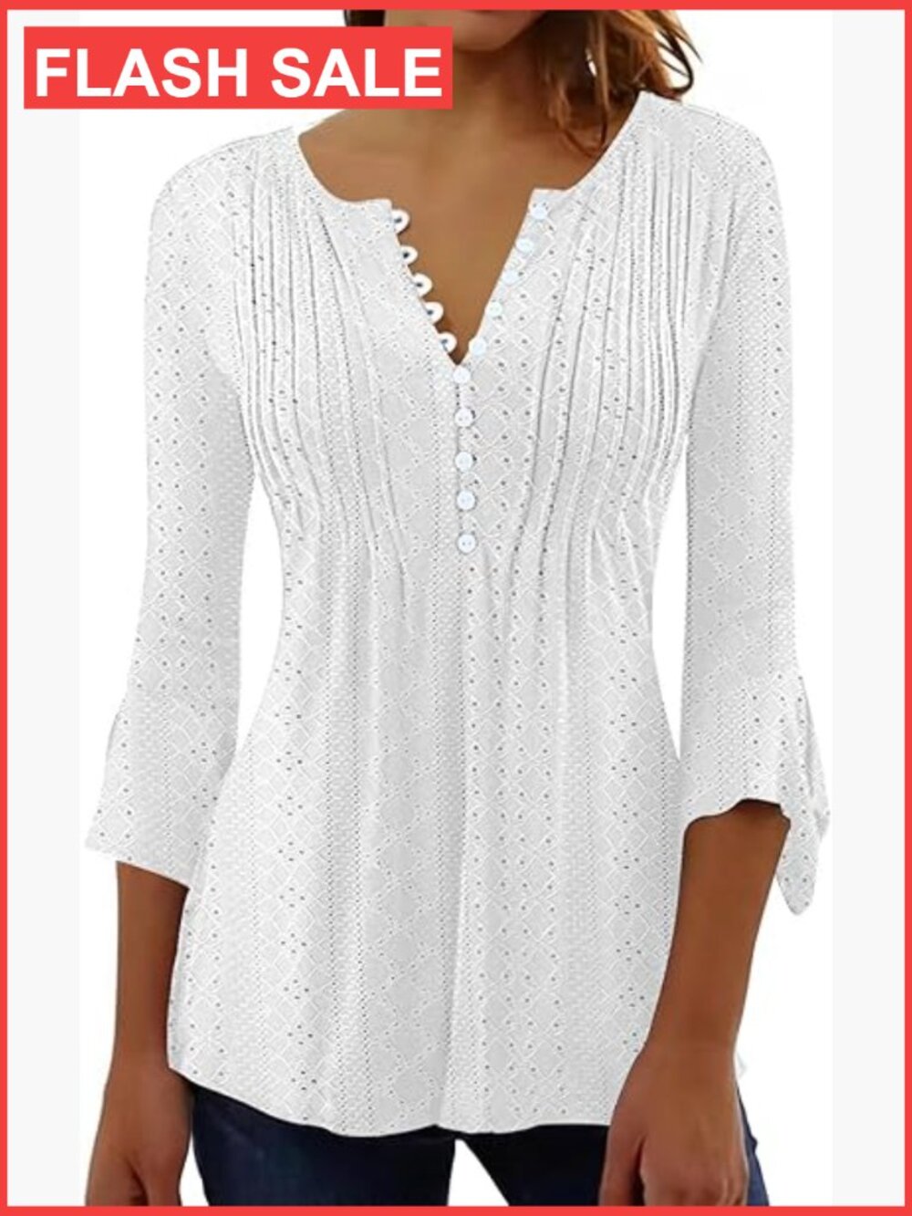 Women's Tunic Blouse Pleated Button V-Neck 3/4 Bell Sleeve Flowy Top